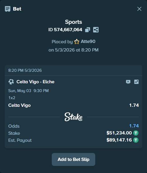 Bet slip: Celta Vigo - Elche, $51,234.00 stake at 1.74 odds, placed by Atte90