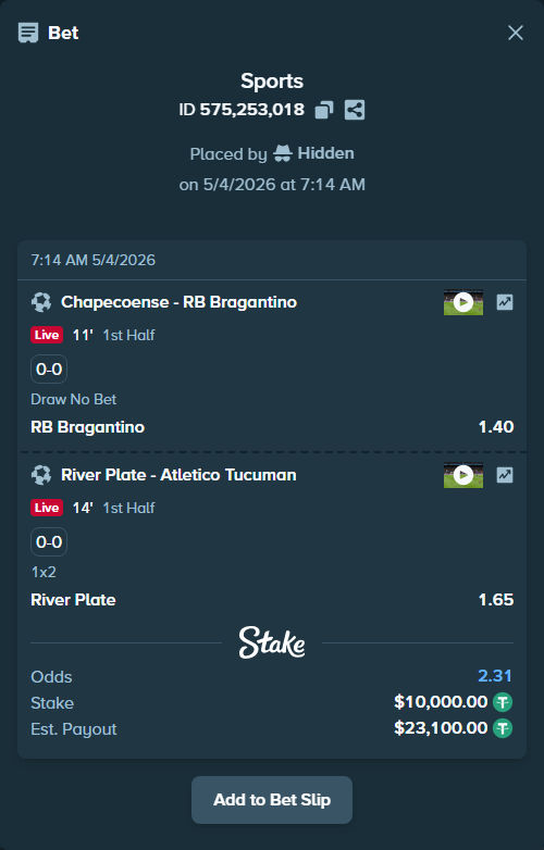 Bet slip: Chapecoense - RB Bragantino, $10,000.00 stake at 1.40 odds, placed by Hidden
