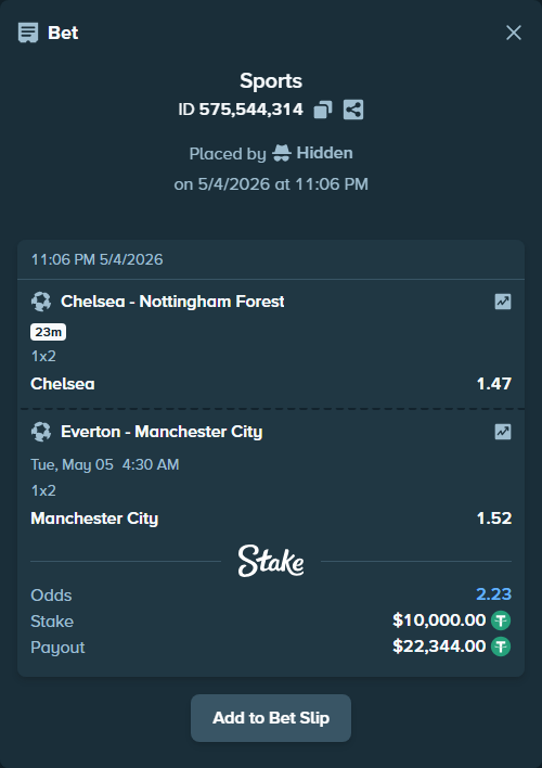 Bet slip: Chelsea - Nottingham Forest, $10,000.00 stake at 1.47 odds, placed by Hidden