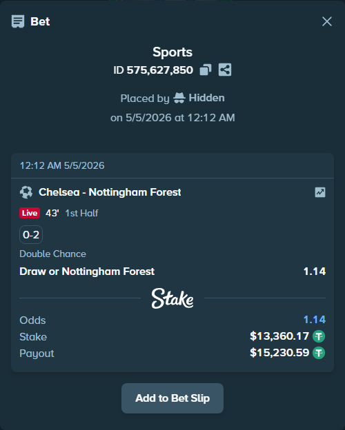 Bet slip: Chelsea - Nottingham Forest, $13,360.17 stake at 1.14 odds, placed by Hidden