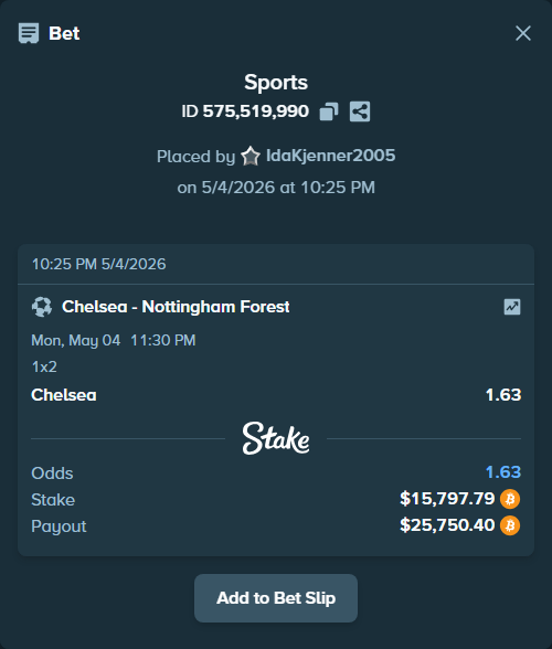 Bet slip: Chelsea - Nottingham Forest, $14,000.00 stake at 1.63 odds, placed by IdaKjenner2005