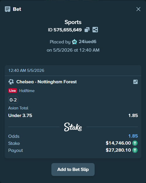 Bet slip: Chelsea - Nottingham Forest, $14,746.00 stake at 1.85 odds, placed by 24iued6