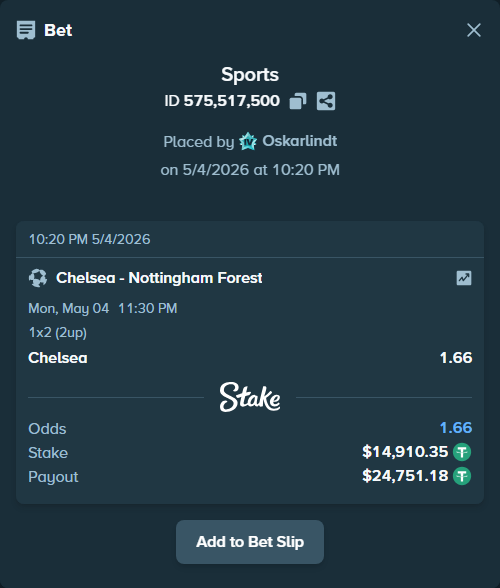 Bet slip: Chelsea - Nottingham Forest, $14,910.35 stake at 1.66 odds, placed by Oskarlindt