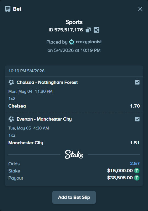 Bet slip: Chelsea - Nottingham Forest, $15,000.00 stake at 1.70 odds, placed by crazypianist