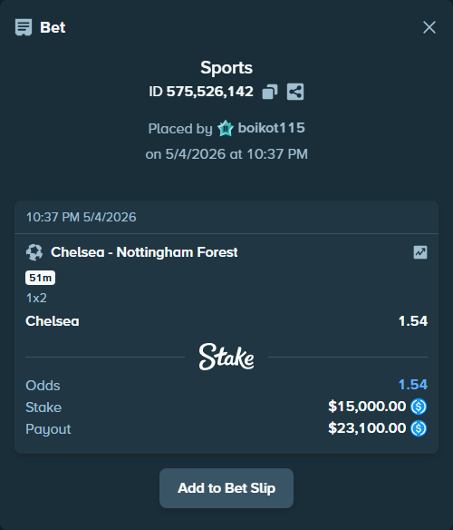 Bet slip: Chelsea - Nottingham Forest, $15,000.00 stake at 1.54 odds, placed by boikot115