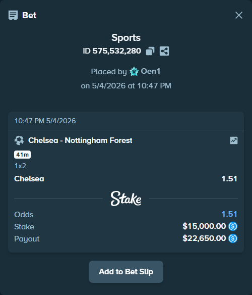 Bet slip: Chelsea - Nottingham Forest, $15,000.00 stake at 1.51 odds, placed by Oen1