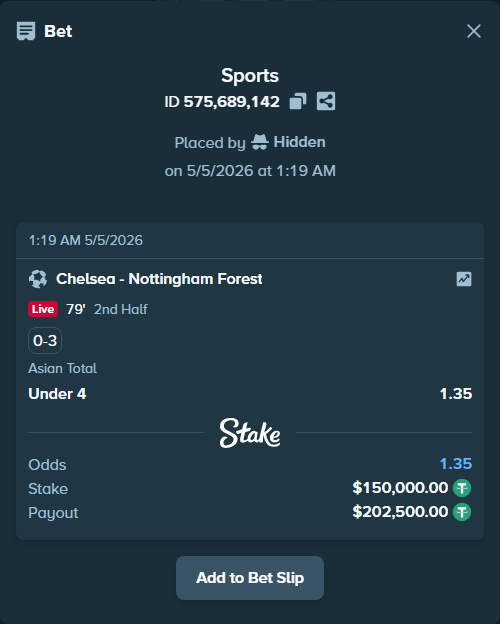 Bet slip: Chelsea - Nottingham Forest, $150,000.00 stake at 1.35 odds, placed by Hidden