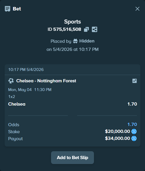 Bet slip: Chelsea - Nottingham Forest, $20,000.00 stake at 1.70 odds, placed by boikot115