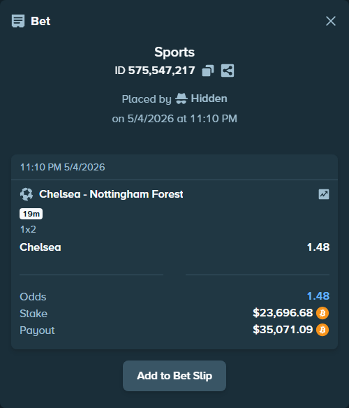Bet slip: Chelsea - Nottingham Forest, $21,000.00 stake at 1.48 odds, placed by Flokisbakende