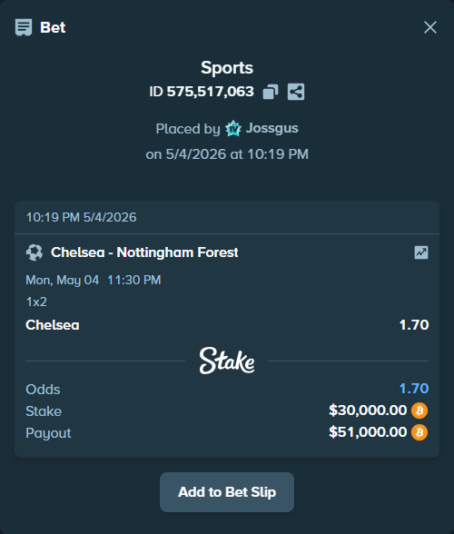 Bet slip: Chelsea - Nottingham Forest, $26,628.00 stake at 1.70 odds, placed by Jossgus