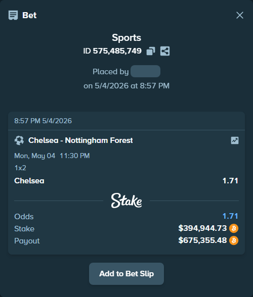 Bet slip: Chelsea - Nottingham Forest, $350,000.00 stake at 1.71 odds, placed by Aone22