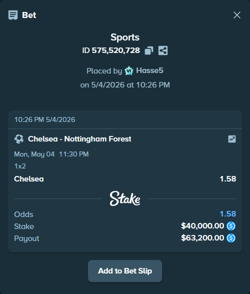 Bet slip: Chelsea - Nottingham Forest, $40,000.00 stake at 1.58 odds, placed by Hasse5