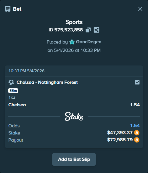 Bet slip: Chelsea - Nottingham Forest, $42,000.00 stake at 1.54 odds, placed by GoncDegen
