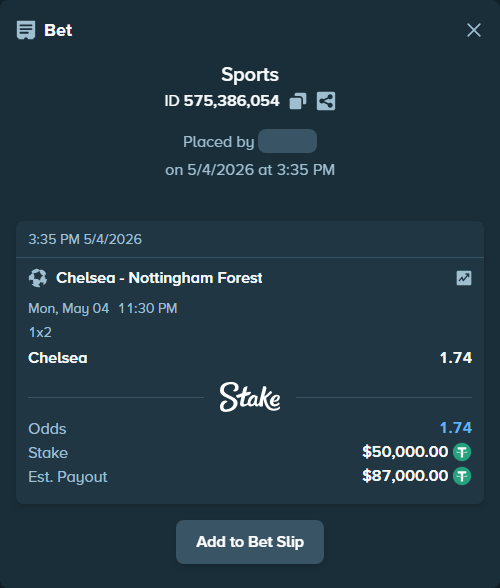 Bet slip: Chelsea - Nottingham Forest, $50,000.00 stake at 1.74 odds, placed by mango996