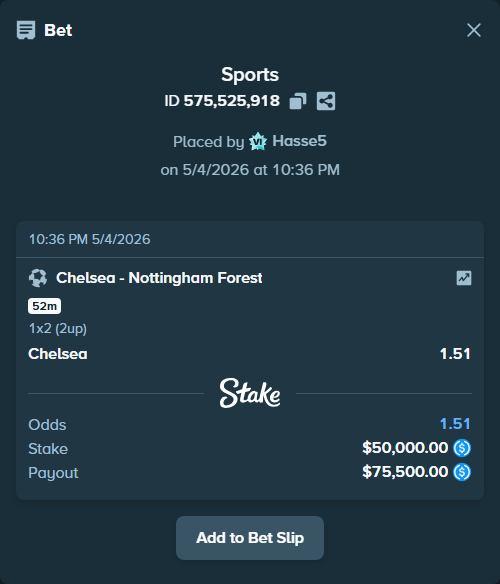 Bet slip: Chelsea - Nottingham Forest, $50,000.00 stake at 1.51 odds, placed by Hasse5