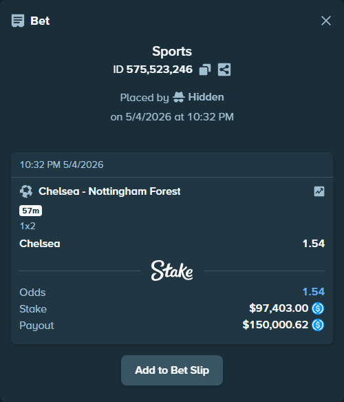 Bet slip: Chelsea - Nottingham Forest, $97,403.00 stake at 1.54 odds, placed by Hidden