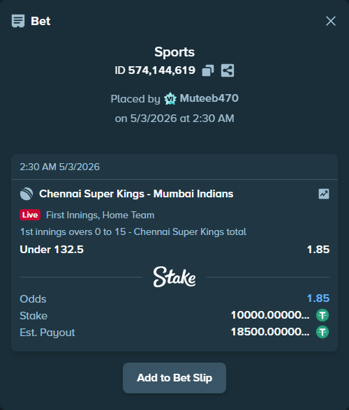 Bet slip: Chennai Super Kings - Mumbai Indians, $10,000.00 stake at 1.85 odds, placed by Muteeb470