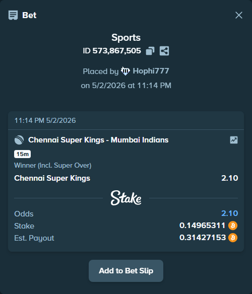 Bet slip: Chennai Super Kings - Mumbai Indians, $10,475.72 stake at 2.10 odds, placed by Hophi777