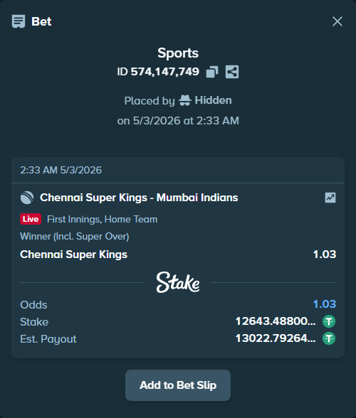 Bet slip: Chennai Super Kings - Mumbai Indians, $12,643.49 stake at 1.03 odds, placed by Hidden