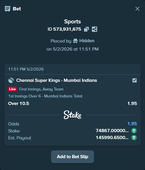 Bet slip: Chennai Super Kings - Mumbai Indians, $74,867.00 stake at 1.95 odds, placed by Hidden