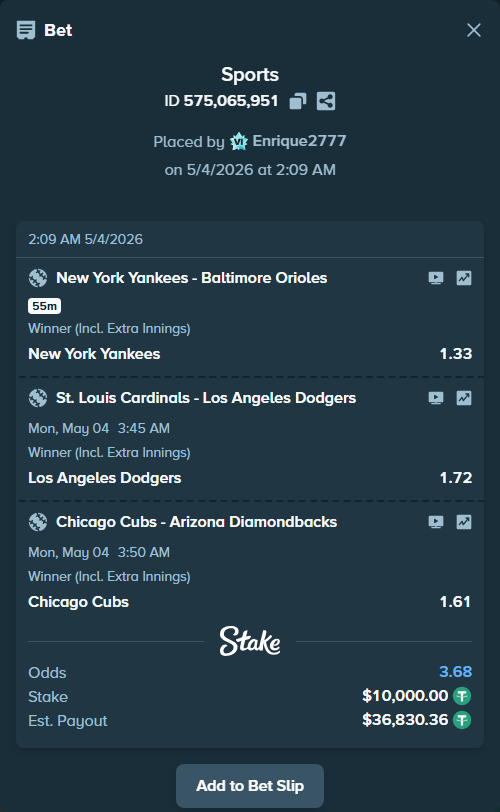 Bet slip: Chicago Cubs - Arizona Diamondbacks, $10,000.00 stake at 1.61 odds, placed by Enrique2777