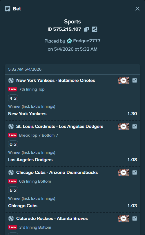 Bet slip: Chicago Cubs - Arizona Diamondbacks, $10,000.00 stake at 1.03 odds, placed by Enrique2777