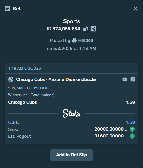 Bet slip: Chicago Cubs - Arizona Diamondbacks, $20,000.00 stake at 1.58 odds, placed by Hidden