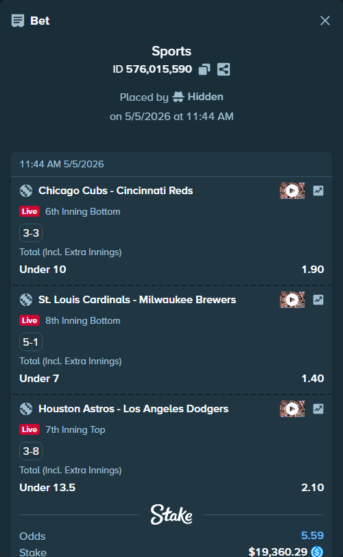 Bet slip: Chicago Cubs - Cincinnati Reds, $19,360.29 stake at 1.90 odds, placed by Hidden
