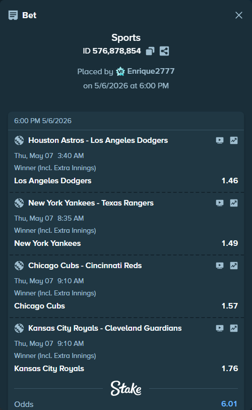 Bet slip: Chicago Cubs - Cincinnati Reds, $27,000.00 stake at 1.57 odds, placed by Enrique2777