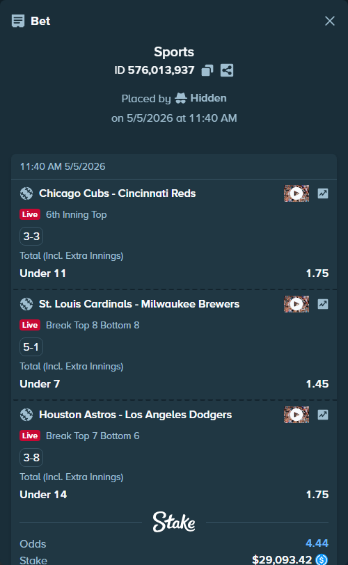 Bet slip: Chicago Cubs - Cincinnati Reds, $29,093.42 stake at 1.75 odds, placed by Hidden
