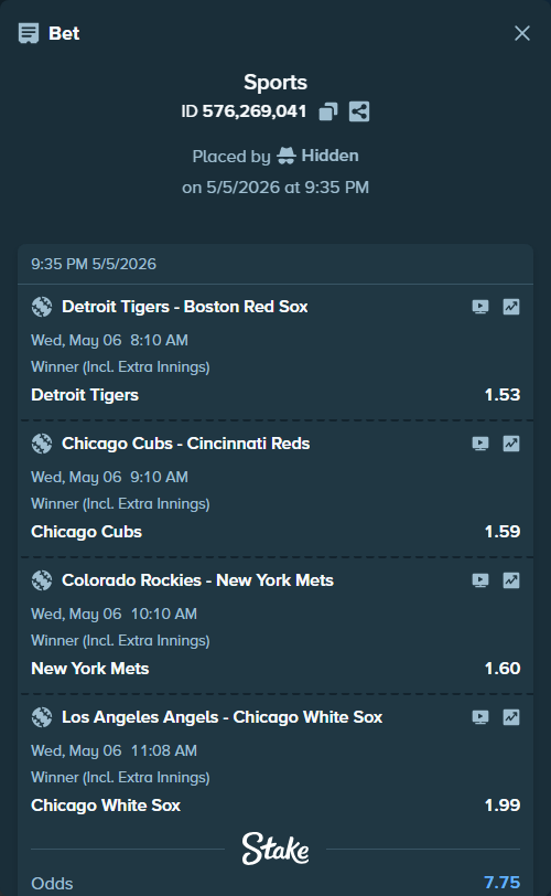 Bet slip: Chicago Cubs - Cincinnati Reds, $30,500.00 stake at 1.59 odds, placed by Hidden