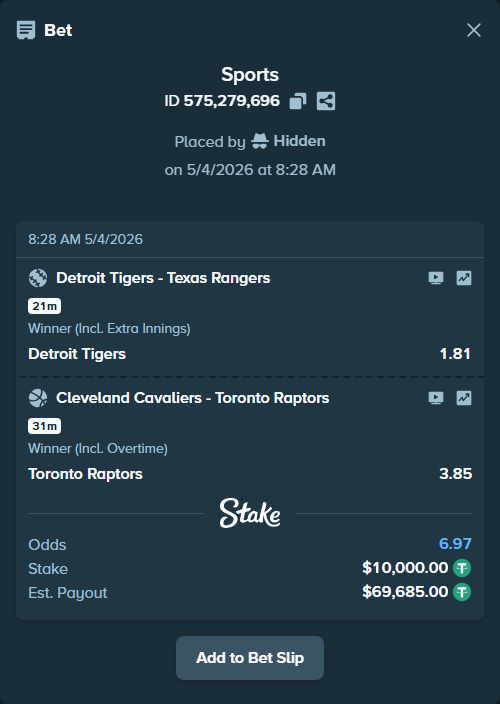 Bet slip: Cleveland Cavaliers - Toronto Raptors, $10,000.00 stake at 3.85 odds, placed by Hidden