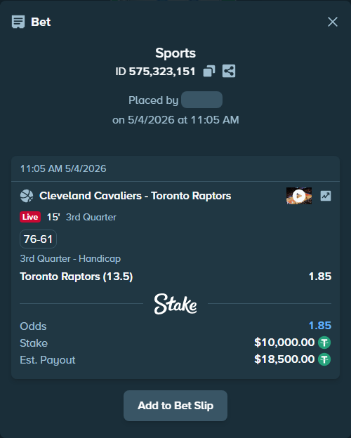 Bet slip: Cleveland Cavaliers - Toronto Raptors, $10,000.00 stake at 1.85 odds, placed by Jupavelli