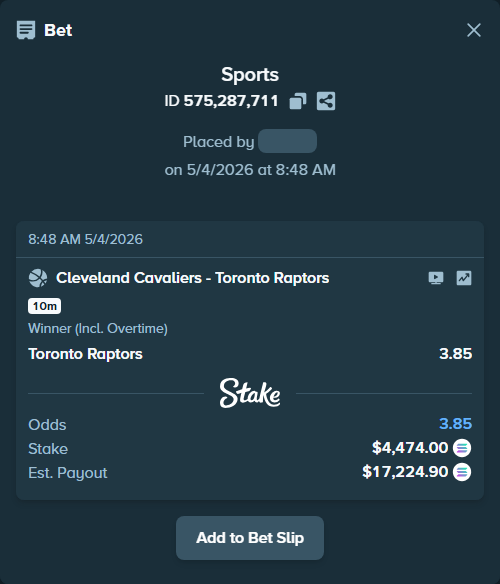 Bet slip: Cleveland Cavaliers - Toronto Raptors, $10,567.59 stake at 3.85 odds, placed by Marvin123421