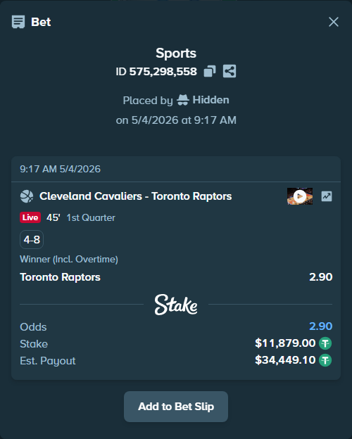 Bet slip: Cleveland Cavaliers - Toronto Raptors, $11,879.00 stake at 2.90 odds, placed by Hidden