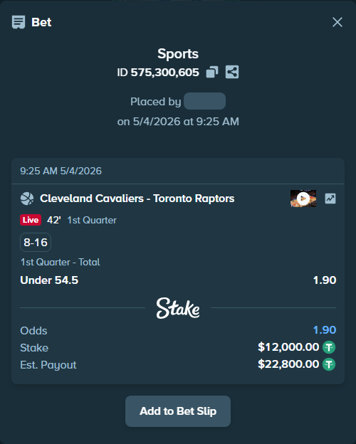 Bet slip: Cleveland Cavaliers - Toronto Raptors, $12,000.00 stake at 1.90 odds, placed by Jupavelli