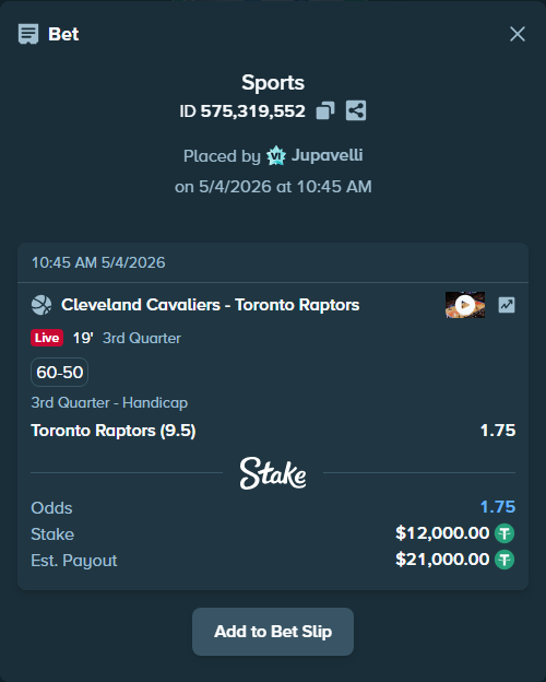 Bet slip: Cleveland Cavaliers - Toronto Raptors, $12,000.00 stake at 1.75 odds, placed by Jupavelli