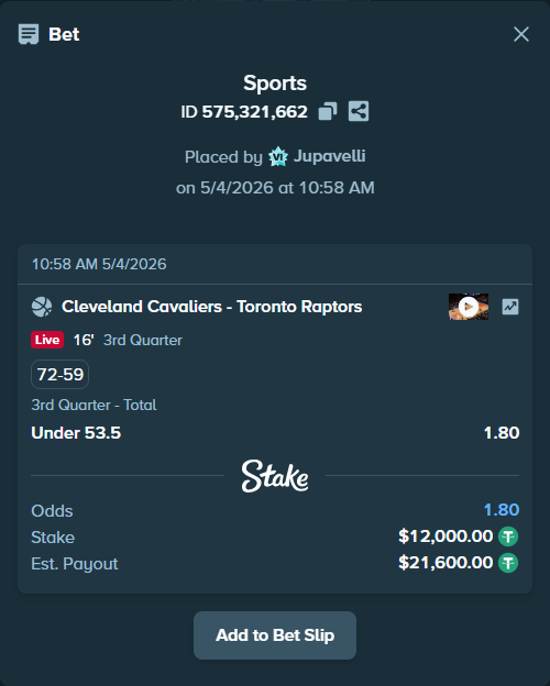 Bet slip: Cleveland Cavaliers - Toronto Raptors, $12,000.00 stake at 1.80 odds, placed by Jupavelli