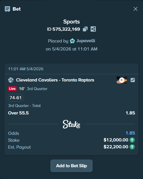 Bet slip: Cleveland Cavaliers - Toronto Raptors, $12,000.00 stake at 1.85 odds, placed by Jupavelli