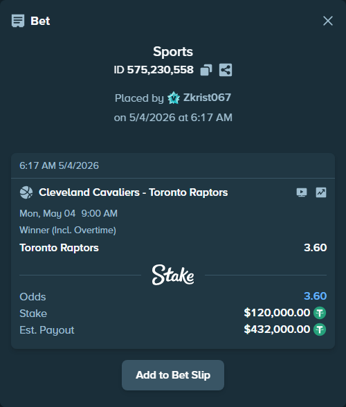 Bet slip: Cleveland Cavaliers - Toronto Raptors, $120,000.00 stake at 3.60 odds, placed by Zkrist067