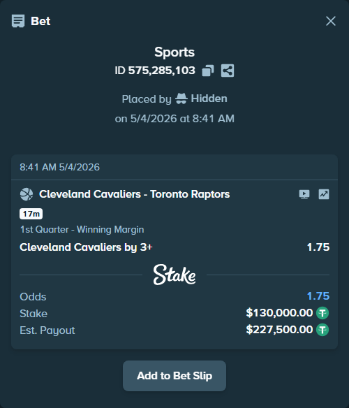 Bet slip: Cleveland Cavaliers - Toronto Raptors, $130,000.00 stake at 1.75 odds, placed by Hidden