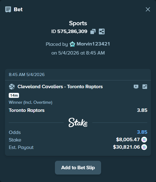 Bet slip: Cleveland Cavaliers - Toronto Raptors, $18,908.92 stake at 3.85 odds, placed by Marvin123421
