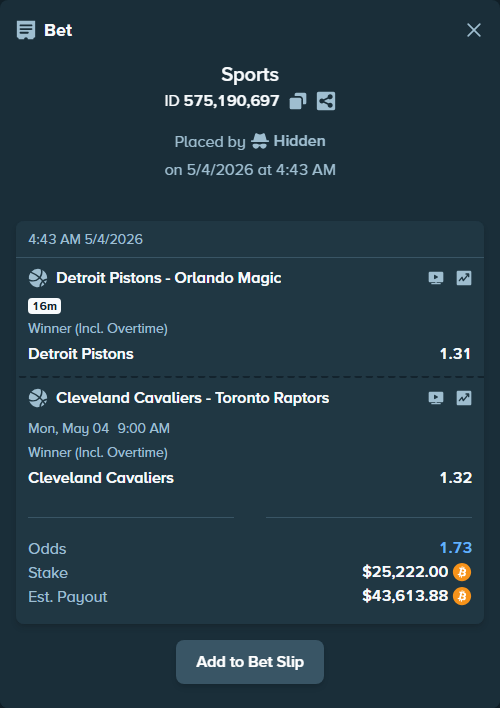 Bet slip: Cleveland Cavaliers - Toronto Raptors, $22,422.36 stake at 1.32 odds, placed by Bigfoltz
