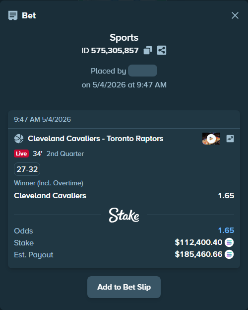 Bet slip: Cleveland Cavaliers - Toronto Raptors, $268,187.36 stake at 1.65 odds, placed by Prettylfacko98