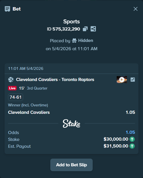 Bet slip: Cleveland Cavaliers - Toronto Raptors, $30,000.00 stake at 1.05 odds, placed by Hidden