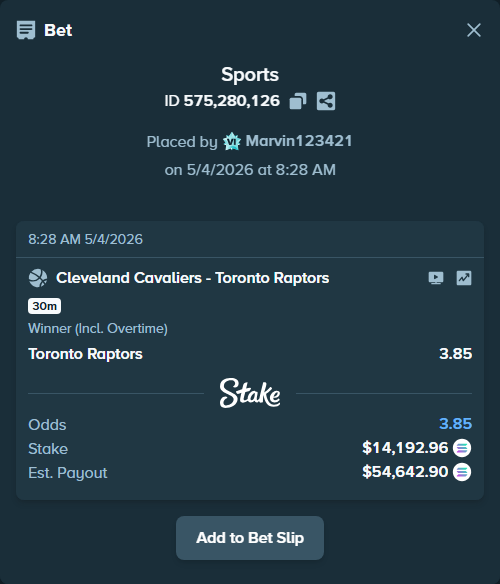 Bet slip: Cleveland Cavaliers - Toronto Raptors, $33,523.77 stake at 3.85 odds, placed by Marvin123421