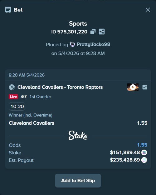 Bet slip: Cleveland Cavaliers - Toronto Raptors, $361,496.95 stake at 1.55 odds, placed by Prettylfacko98