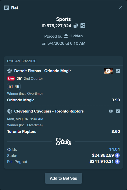 Bet slip: Cleveland Cavaliers - Toronto Raptors, $36,488.70 stake at 3.60 odds, placed by Hidden