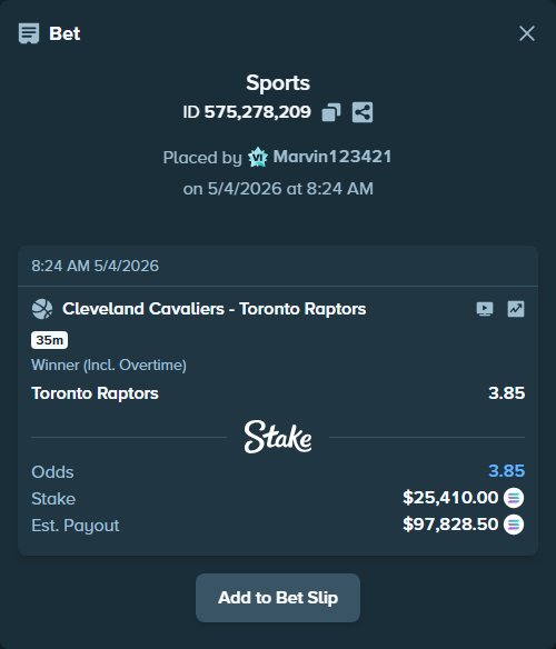 Bet slip: Cleveland Cavaliers - Toronto Raptors, $60,018.42 stake at 3.85 odds, placed by Marvin123421