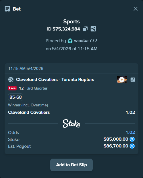 Bet slip: Cleveland Cavaliers - Toronto Raptors, $85,000.00 stake at 1.02 odds, placed by winstar777